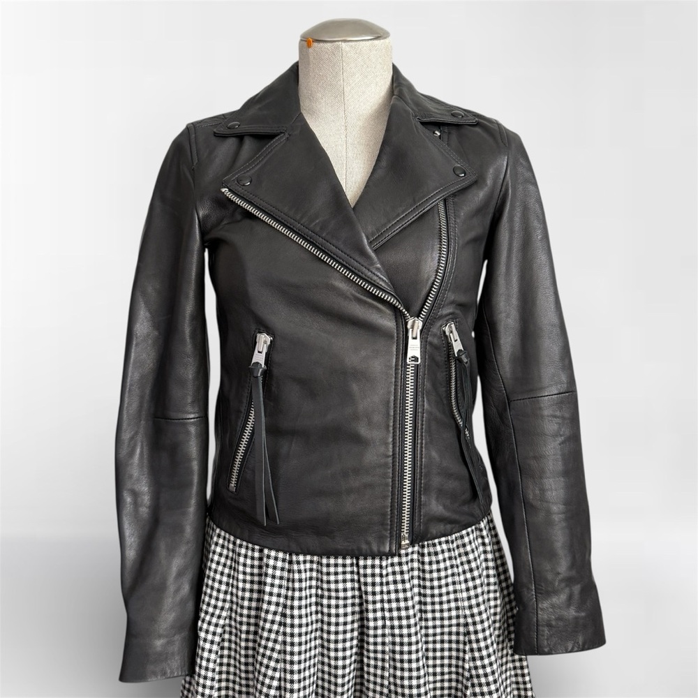 All Saints Dalby Slim Fit Leather Biker Jacket in Black Size 2